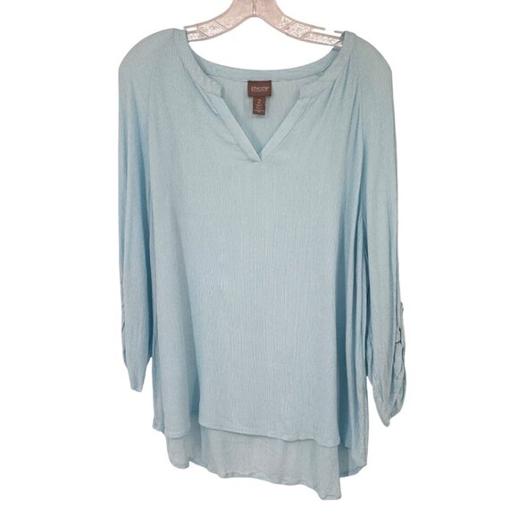 Chicos 2 Womens Light Blue V-Neck Crinkle Rayon Blouse Tunic Top Size Large - Picture 1 of 14